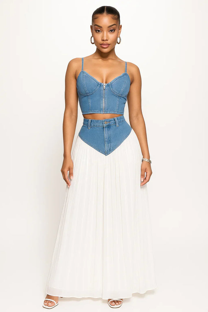 Romia - Ensemble bustier en denim et pantalon plissé en chiffon